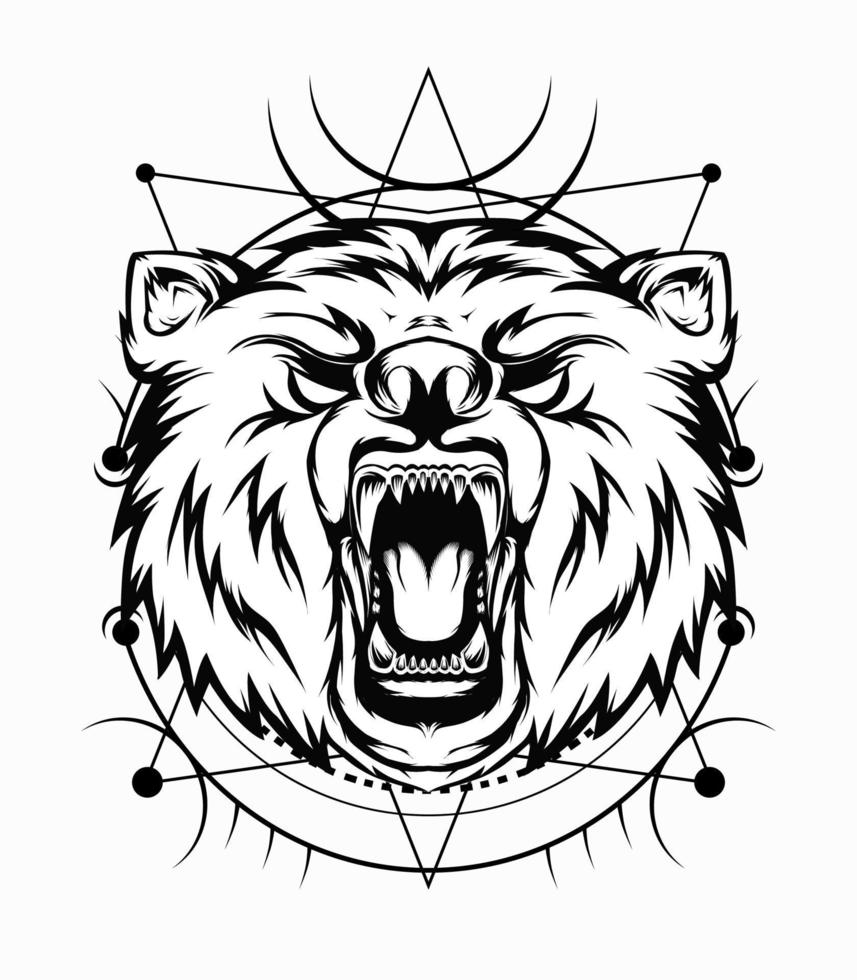 Angry bear illustration in black and white color vector