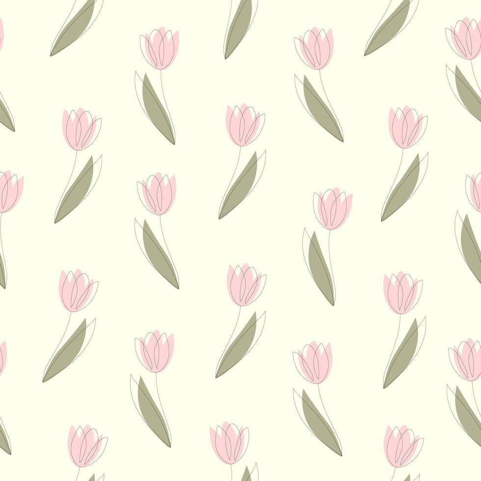 Seamless pattern of tulip flowers drawn in one line with color spots on a yellow background vector