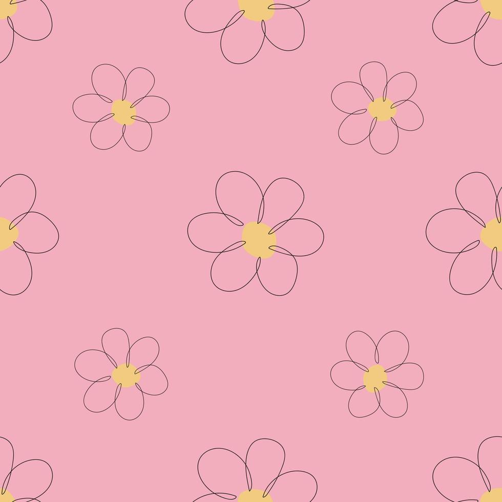 Seamless pattern of flowers hand-drawn with one line on a pink background vector