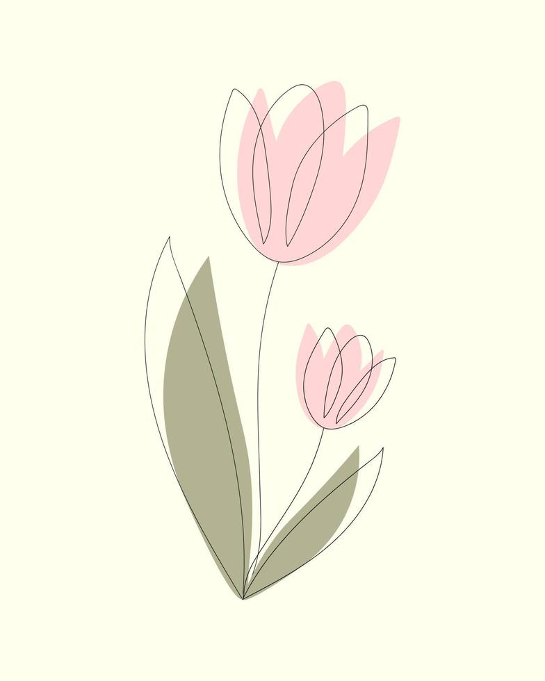 Two tulips with color spots drawn in one continuous line on a yellow background vector