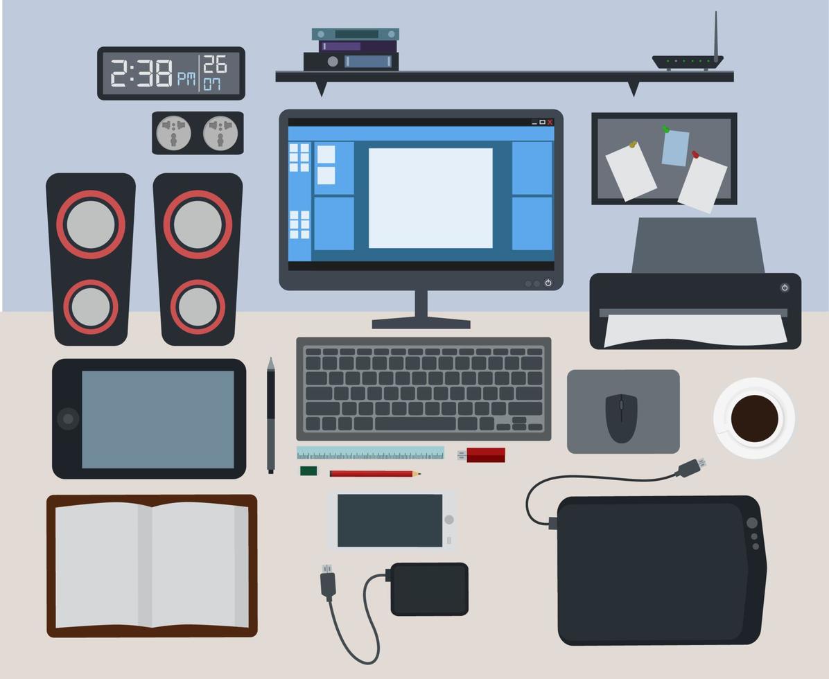 oficina espacio de trabajo computadora parte superior ver plano diseño, vector ilustración