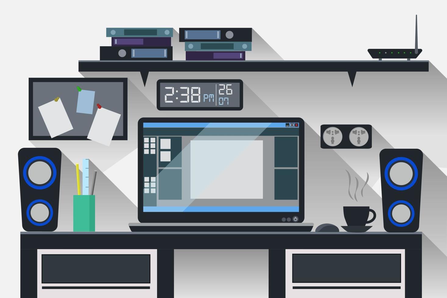 Workspace Office Computer Creative Flat Design, Vector Illustration