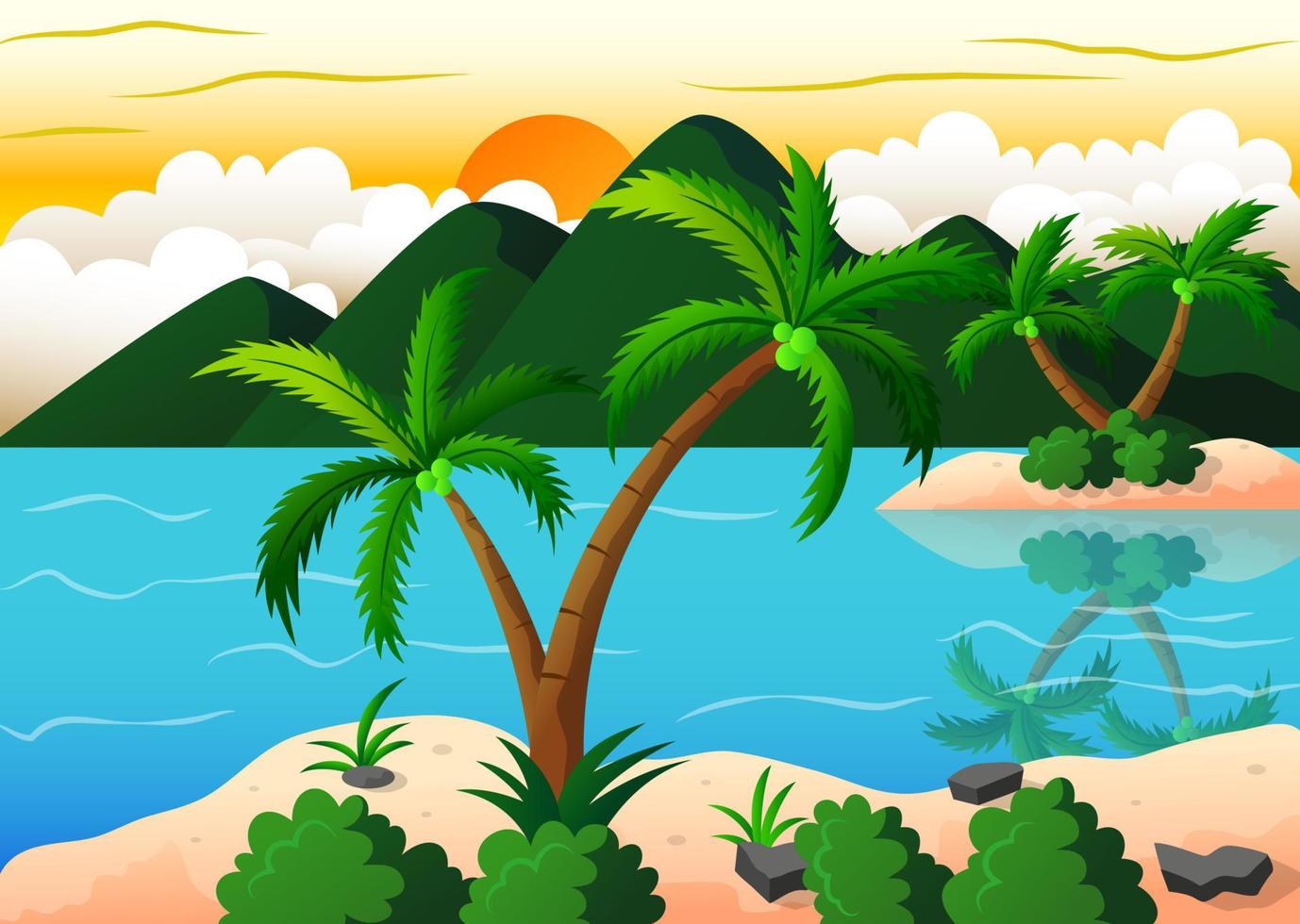 Exotic Beach and Coconut Island Vacation, Vector Illustration