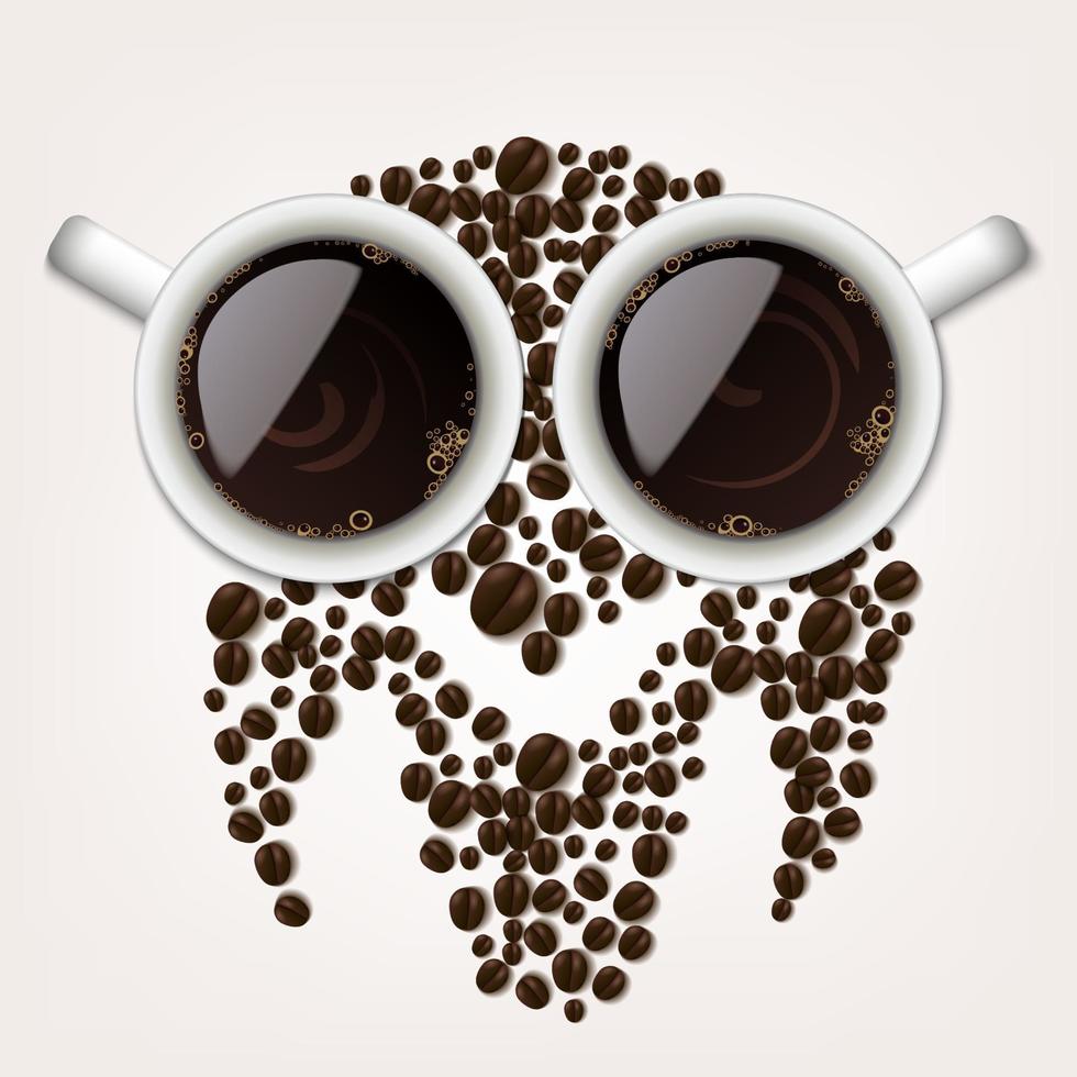 Two Cups of Coffee with Coffee Beans Forming an Owl Symbol, Vector Illustration