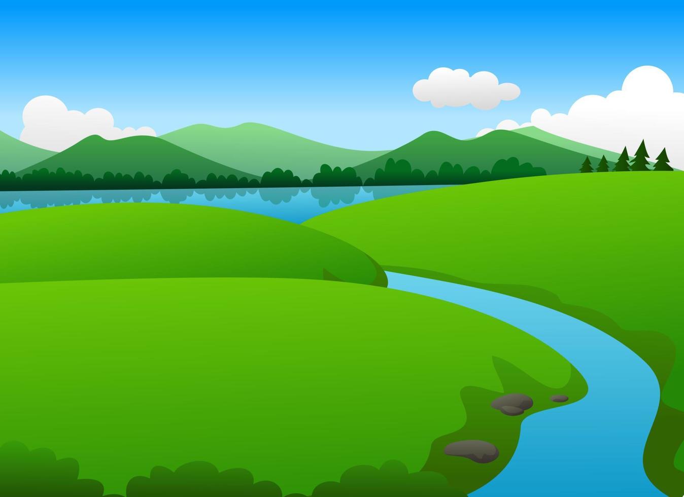 Beautiful Nature Landscape At Spring, Vector Illustration