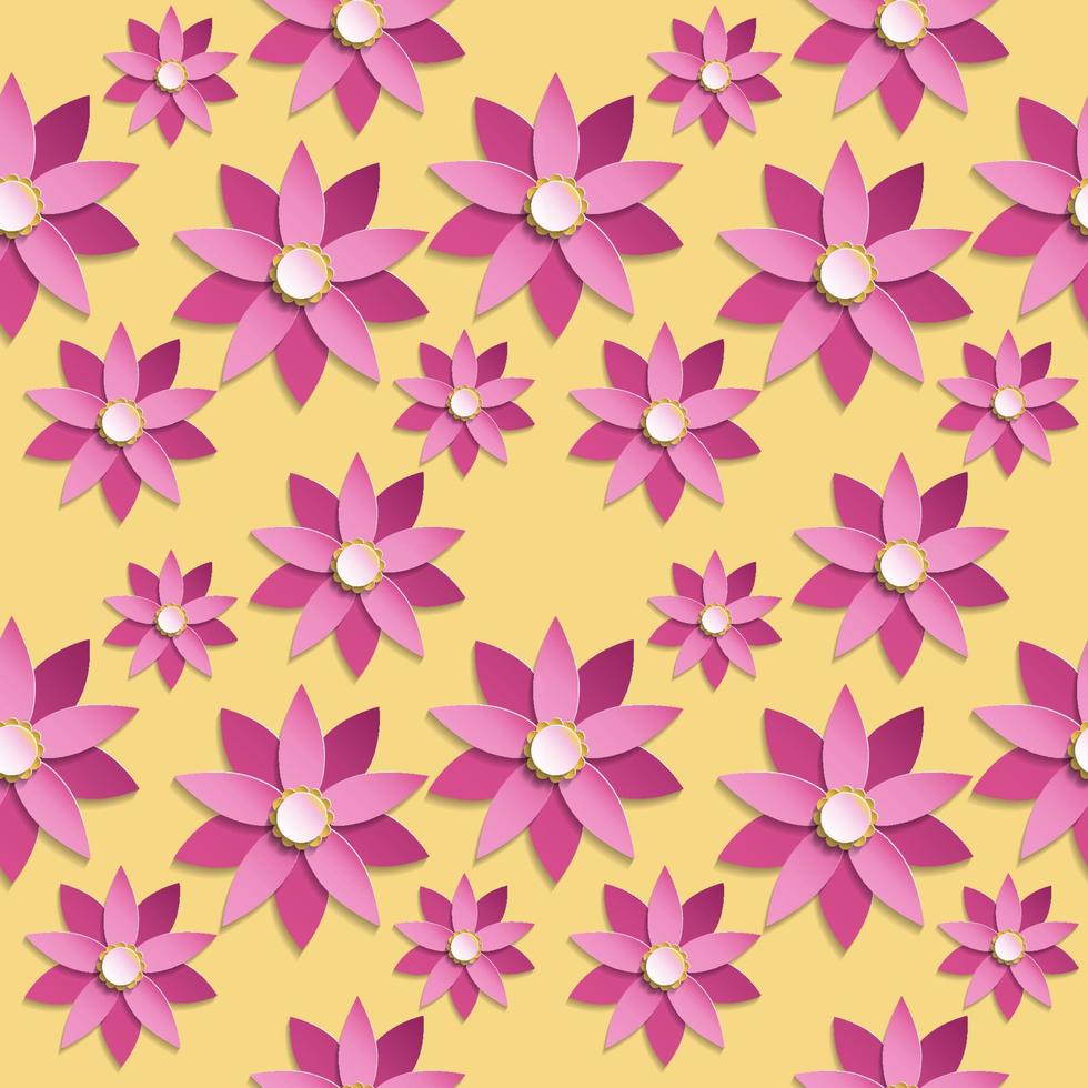 Floral seamless pattern in paper cut style. Pink origami flowers on yellow background. Vector illustration.