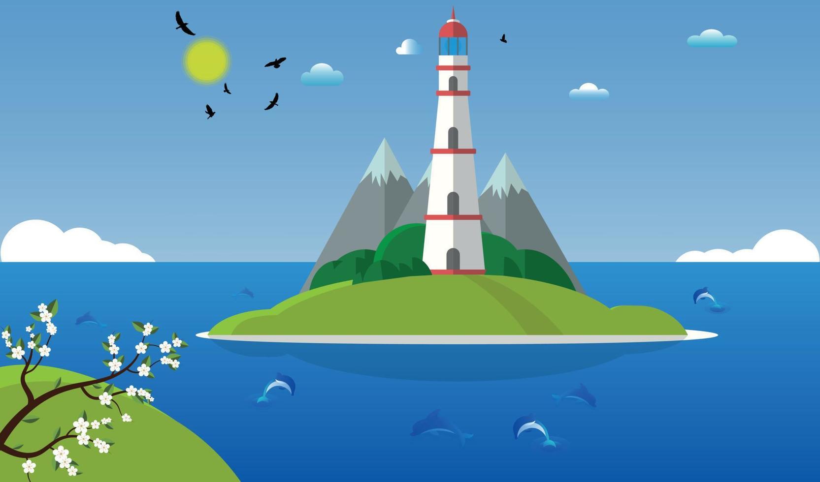 Lighthouse flat vector illustration on the coastal line, isolated tropical island in the ocean.