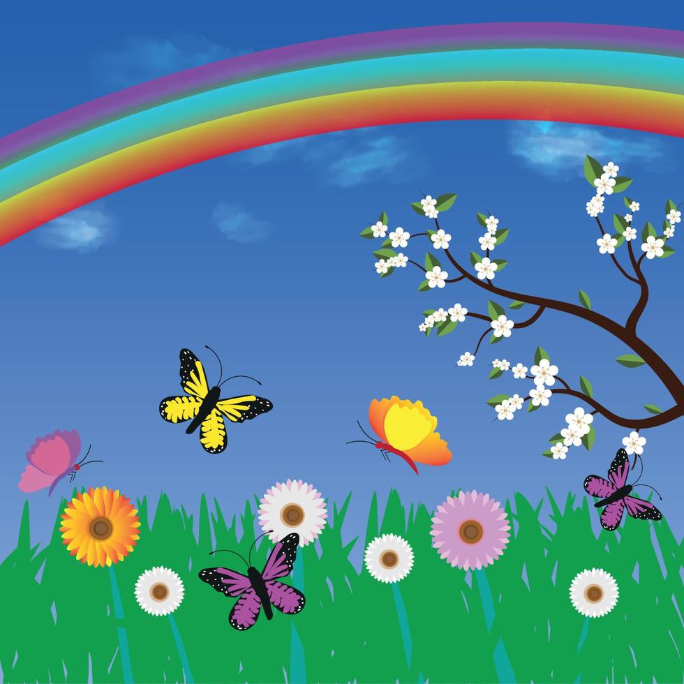 Vector cartoon illustration of a beautiful spring flat panorama ...