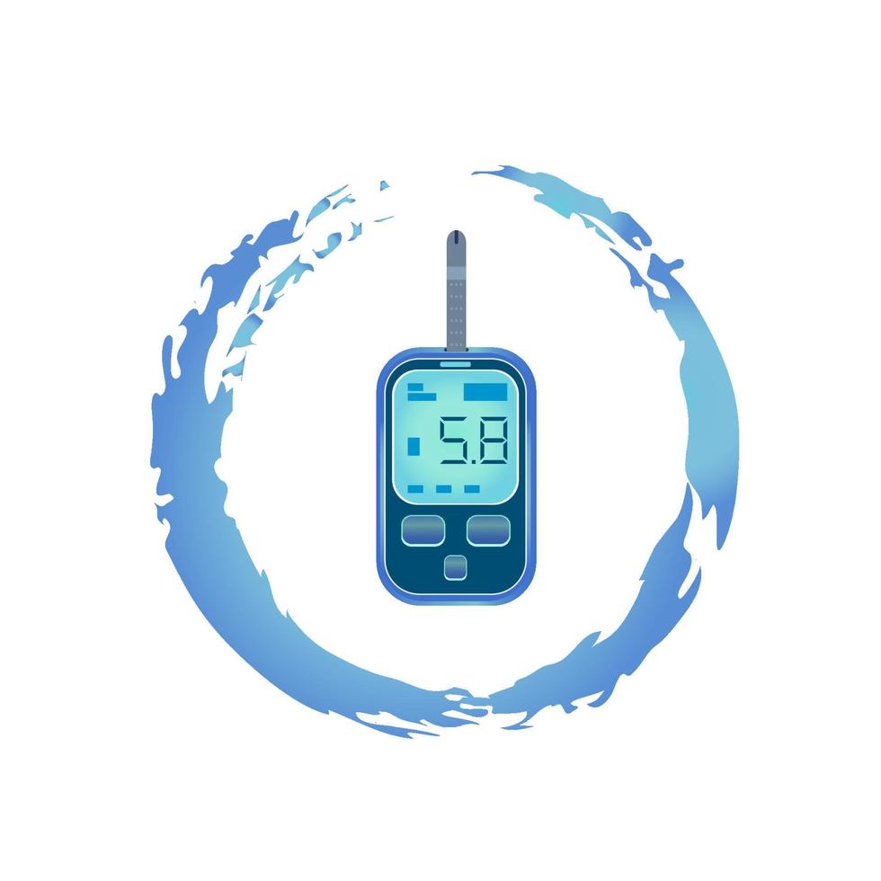 Glucose meter with a test strip showing 5.8 result in the screen. Healthy habit, healthcare symbol in realistic brush stroke, colored with blue gradient. Abstract emblem, medical device vector