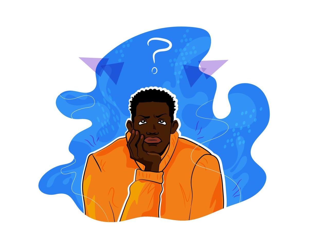 Doubtful young adult black man in process of decision making, hesitant, with chin in hand. African American character in orange sweater, frowning, thinking in confusion. Stylish cartoon illustration vector