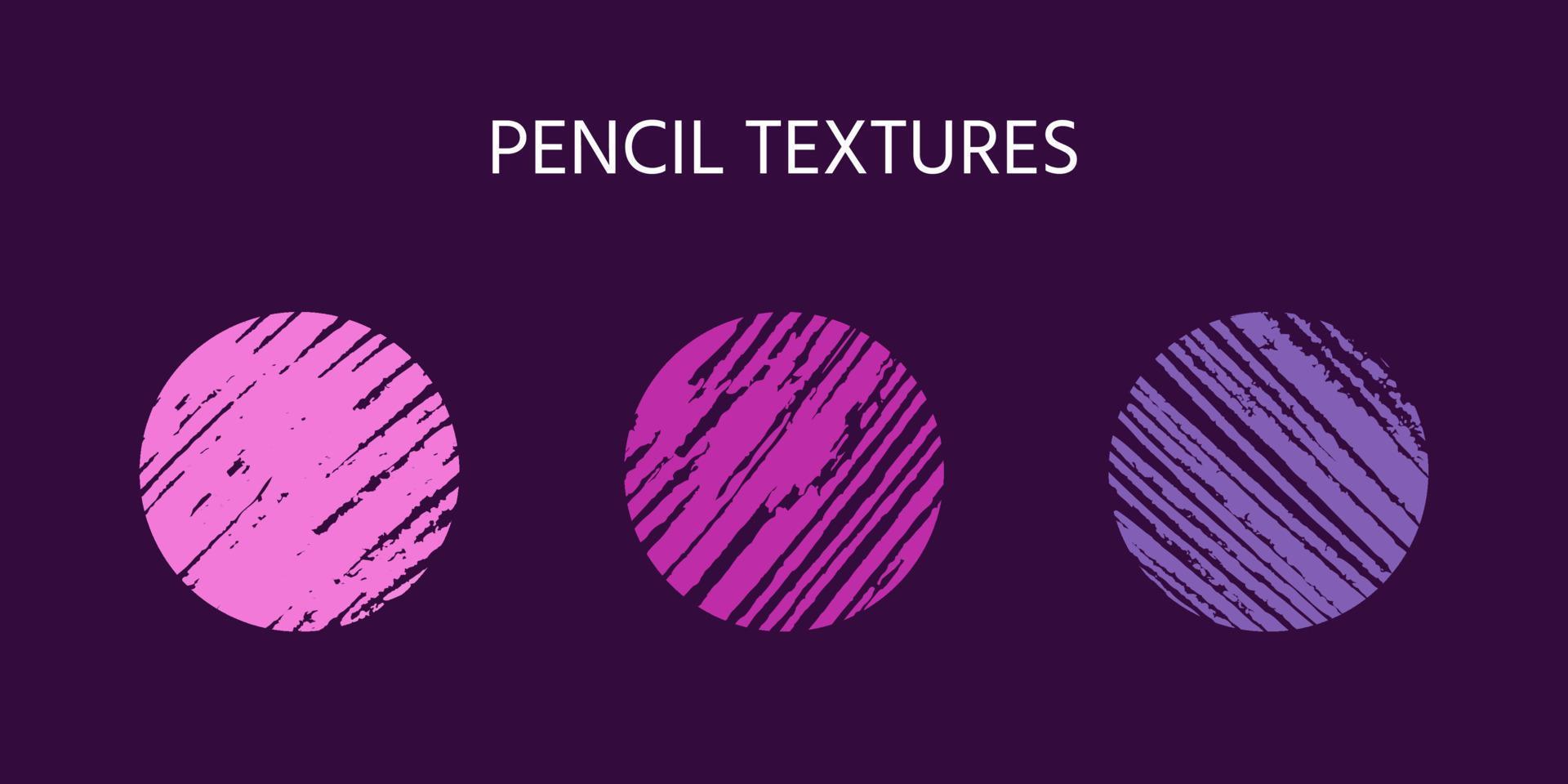 Various background traces made with pencil. Traced strokes, hatching. Abstract indication, pencil test doodles, purple, pink, violet, lilac. Clipart of simple hatches in round shapes vector