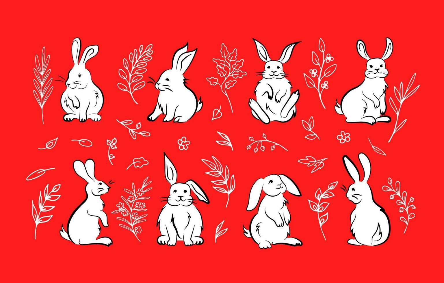 Funny cute Easter bunnies in various sitting poses, white hand drawn cartoon animals. White outlines of decorative fantasy herbs on red background. Doodle designs for prints, coloring book clip art vector