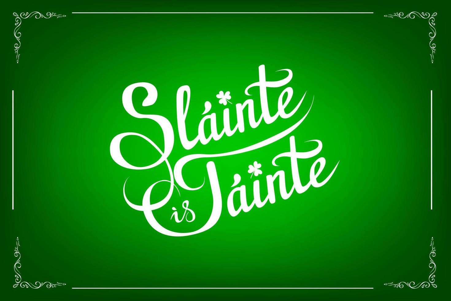 Health and Wealth, a traditional Irish wish on St. Patrick Day, festivals. Slainte is Tainte, hand drawn lettering phrase in Gaelic with shamrock leaves, on green background with ornate frame vector