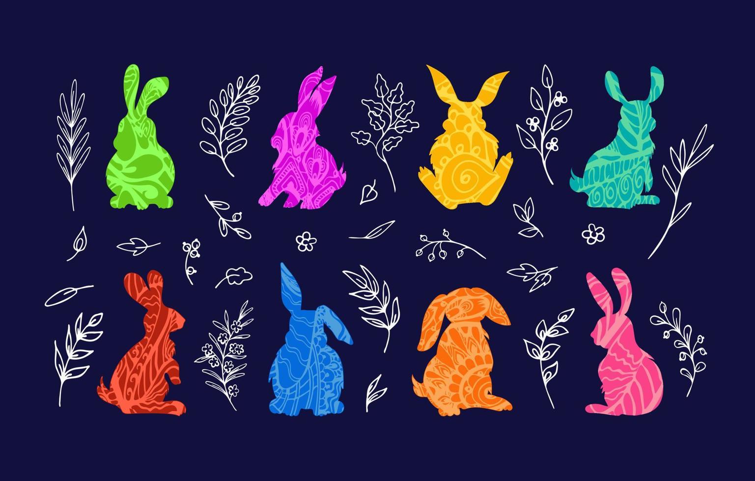Easter bunnies in various sitting poses, colorful hand drawn silhouettes with ethnic boho tangle patterns, white outlines of fantasy herbs on dark background. Artistic symbol collection for prints vector