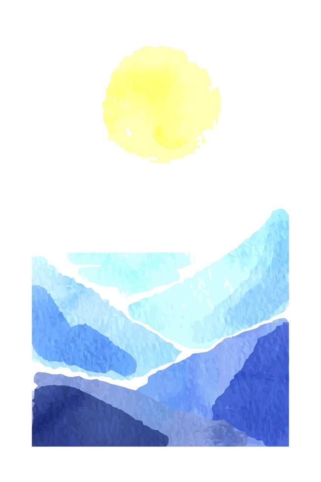 Watercolor landscape. Simple vertical aquarelle abstract sketch with blue mountain range, sea in the distance, and big yellow sun. Hand painted modern scenery illustration in vivid colors vector