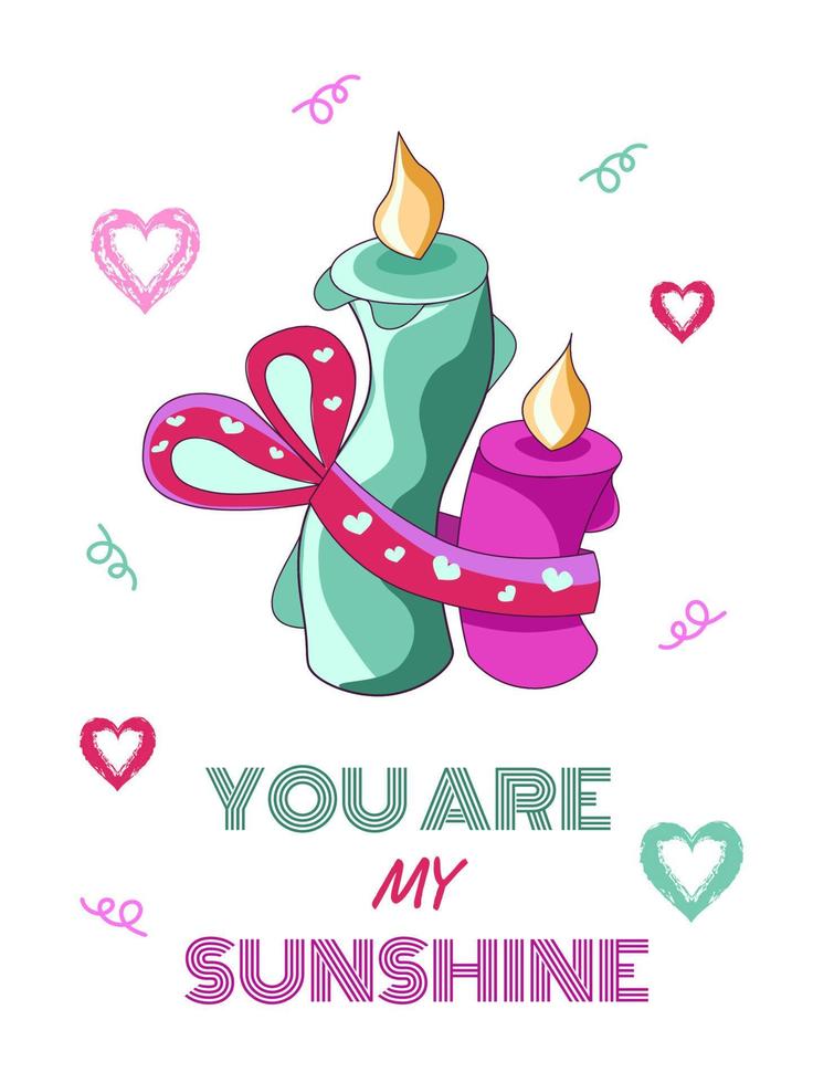 You are my sunshine. Vector illustration of a pair of candles in a relationship. Tying ribbon with bow, colors green, mint, pink, lilac, on white background isolated heart, sequins,sparkles