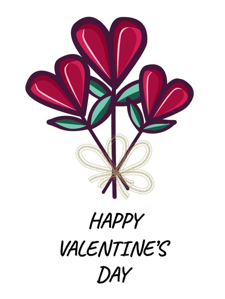 Happy valentines day. vector illustration. cute cartoon roses,green leafs like balloons with gold ribbons.With text and isolated white background