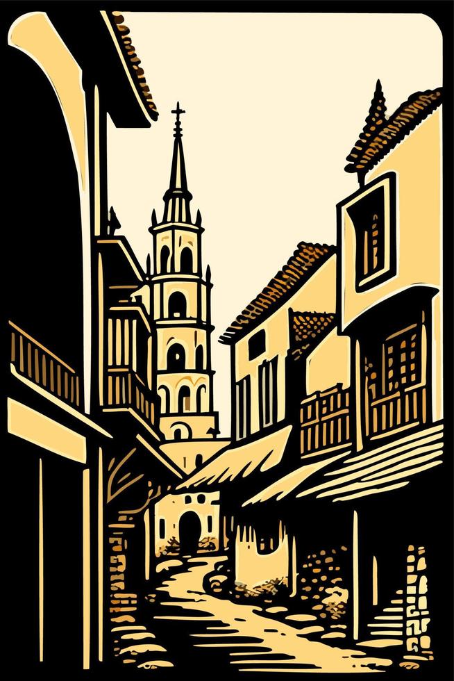 Old Town Landscape Hand-drawn drawing of a medieval city. A beautiful old town in Europe. Hand-drawn tourist postcard. Sketch in black, isolated on white background. vector