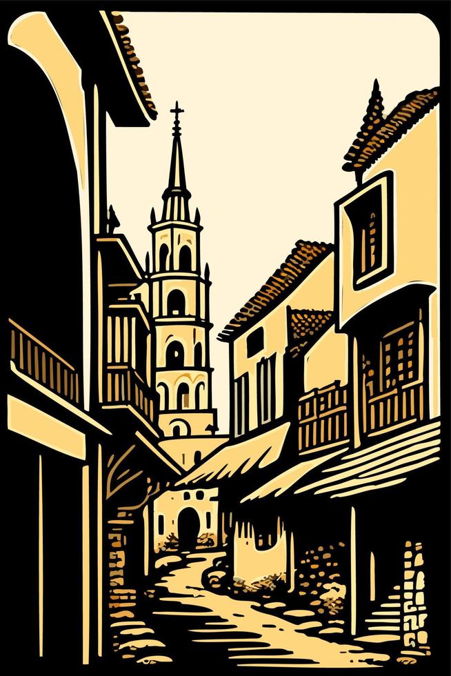 antiguo pueblo paisaje dibujado a mano dibujo de un medieval ciudad. un hermosa antiguo pueblo en Europa. dibujado a mano turista tarjeta postal. bosquejo en negro, aislado en blanco antecedentes. vector