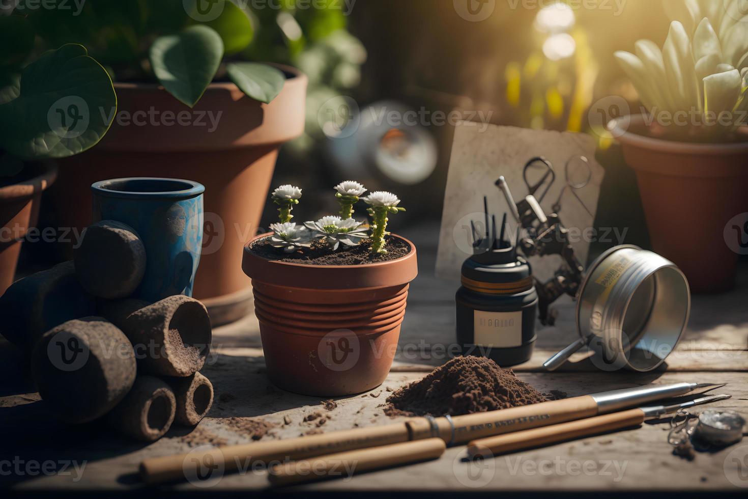 photo Gardening - Set Of Tools For Gardener And Flowerpots In Sunny Garden, photography