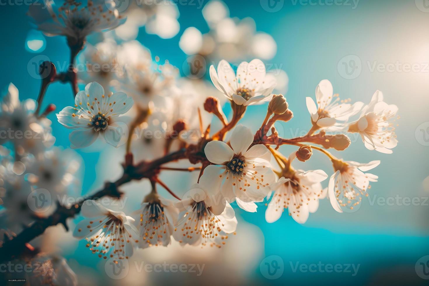 Photos Branches of blossoming cherry macro with soft focus on gentle light blue sky background in sunlight with copy space. Beautiful floral image of spring nature, photography