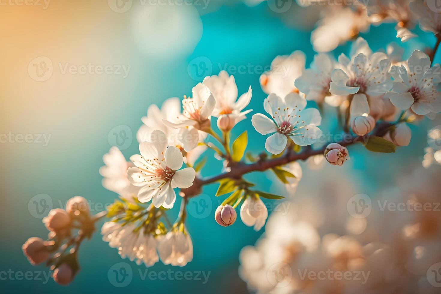 Photos Branches of blossoming cherry macro with soft focus on gentle light blue sky background in sunlight with copy space. Beautiful floral image of spring nature, photography