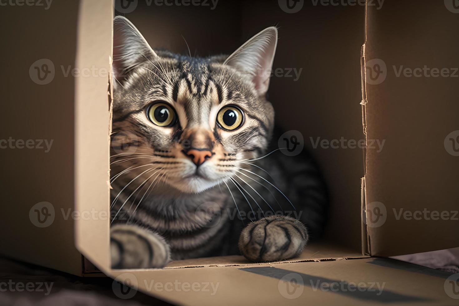 retrato linda gris atigrado gato en cartulina caja en piso a hogar fotografía foto