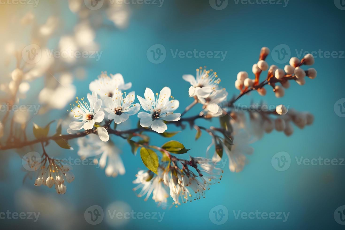 Photos Branches of blossoming cherry macro with soft focus on gentle light blue sky background in sunlight with copy space. Beautiful floral image of spring nature, photography