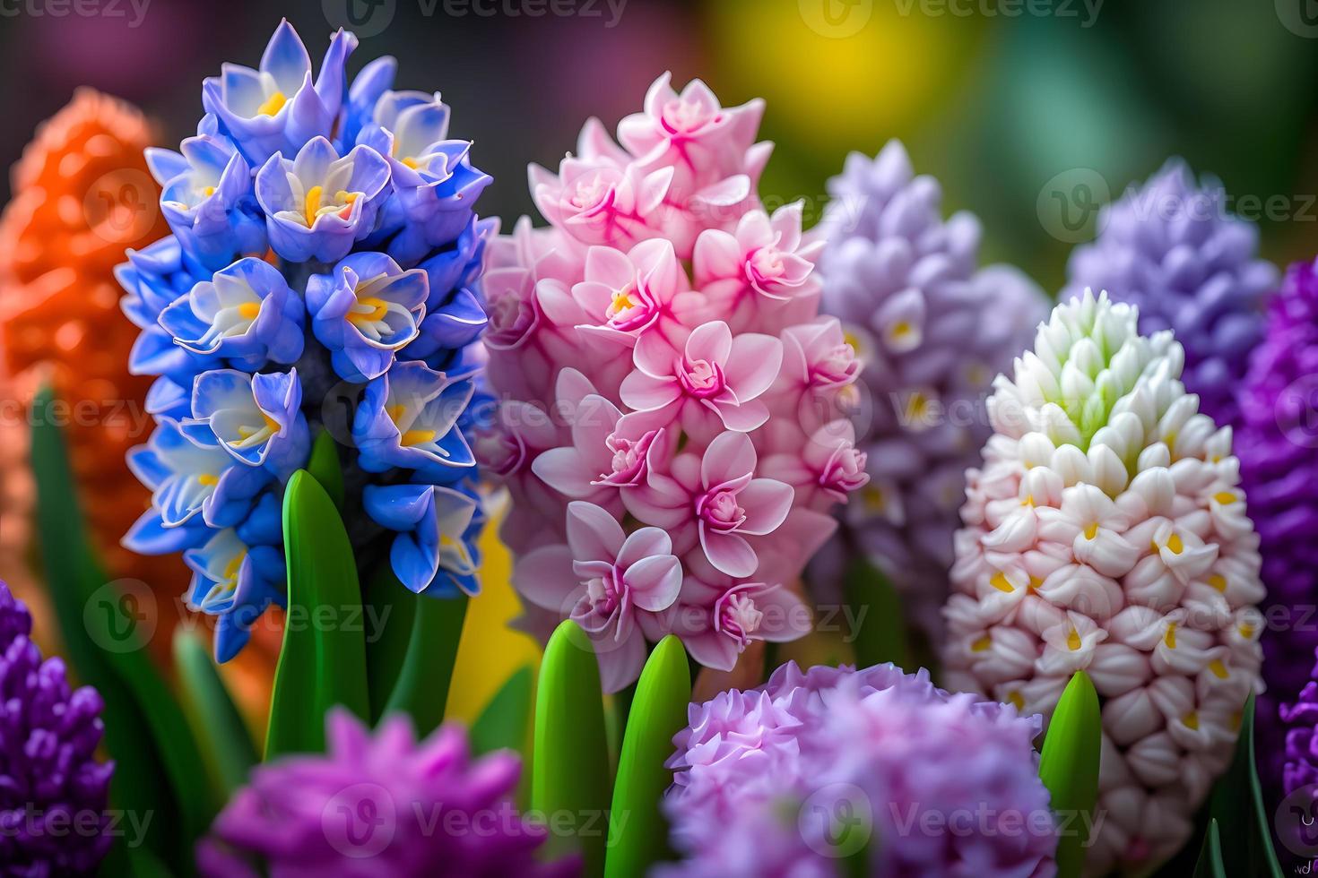 photo Large flower bed with multi-colored hyacinths, traditional easter flowers, flower background, easter spring background