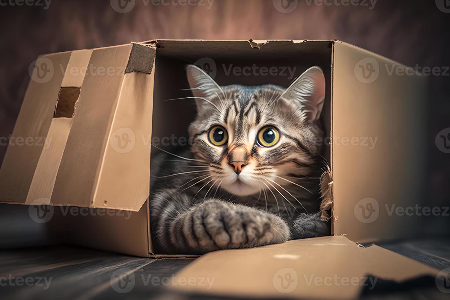 retrato linda gris atigrado gato en cartulina caja en piso a hogar fotografía foto