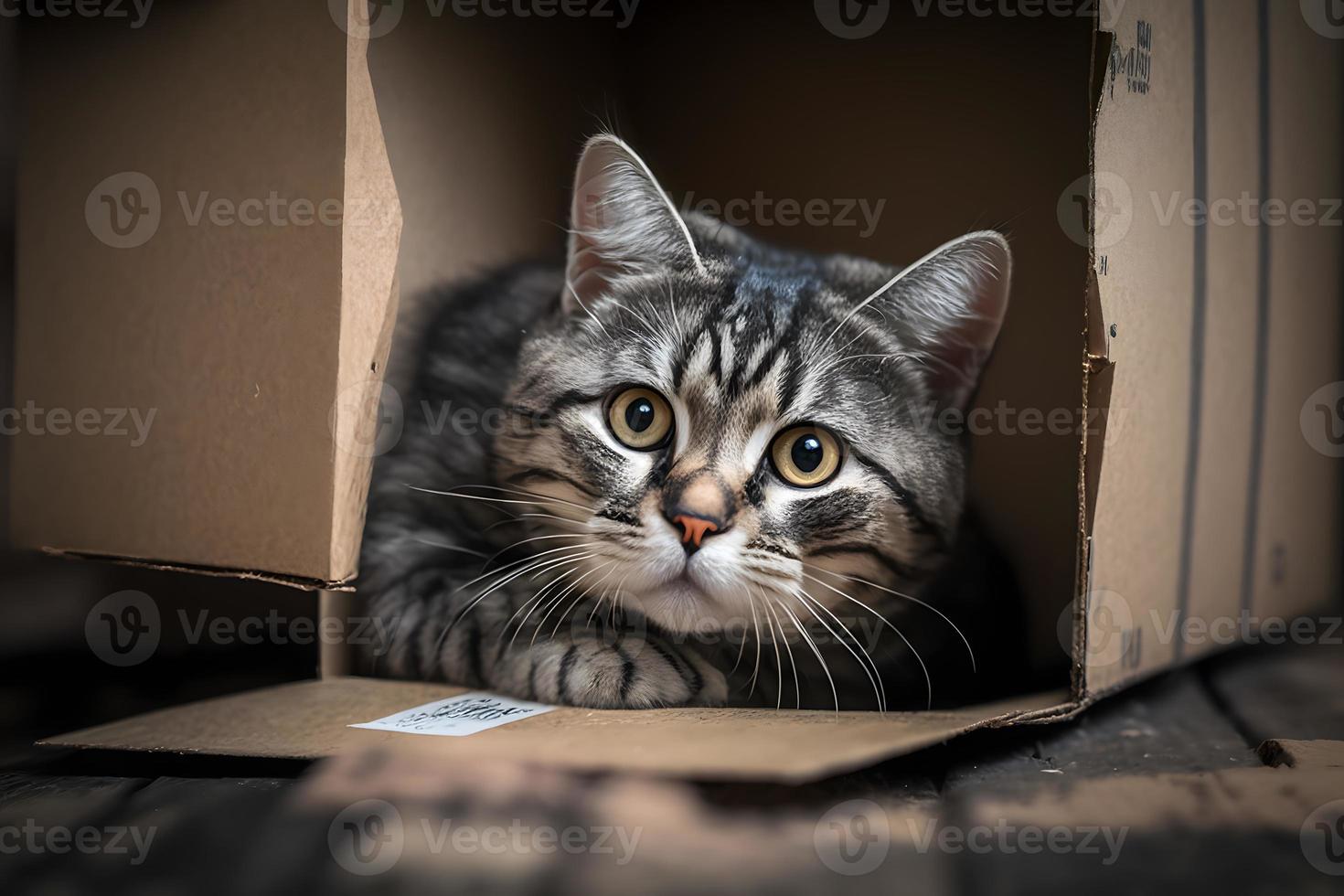 retrato linda gris atigrado gato en cartulina caja en piso a hogar fotografía foto