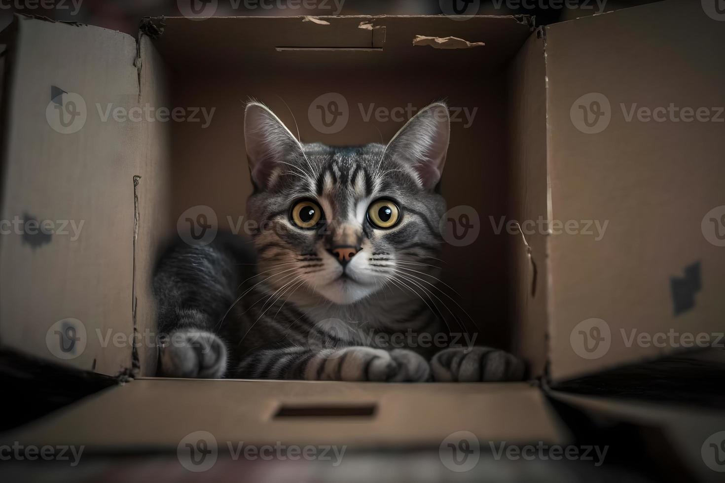 Portrait Cute grey tabby cat in cardboard box on floor at home photography photo