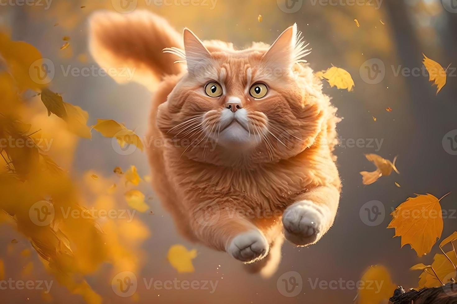 retrato gracioso rojo gato volador en el aire en otoño fotografía foto