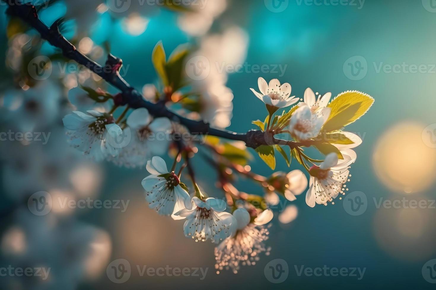 Photos Branches of blossoming cherry macro with soft focus on gentle light blue sky background in sunlight with copy space. Beautiful floral image of spring nature, photography