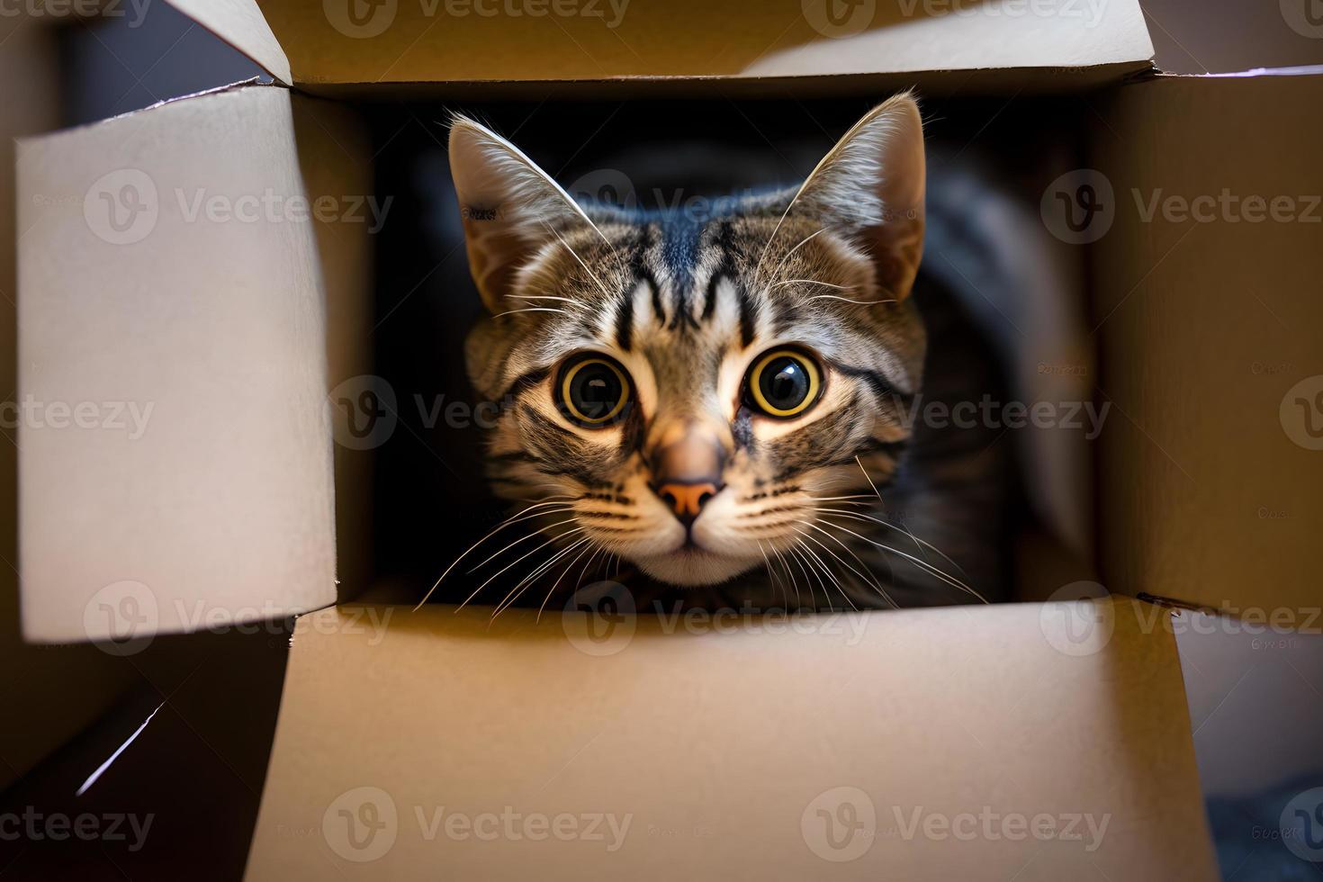 Portrait Cute grey tabby cat in cardboard box on floor at home photography photo