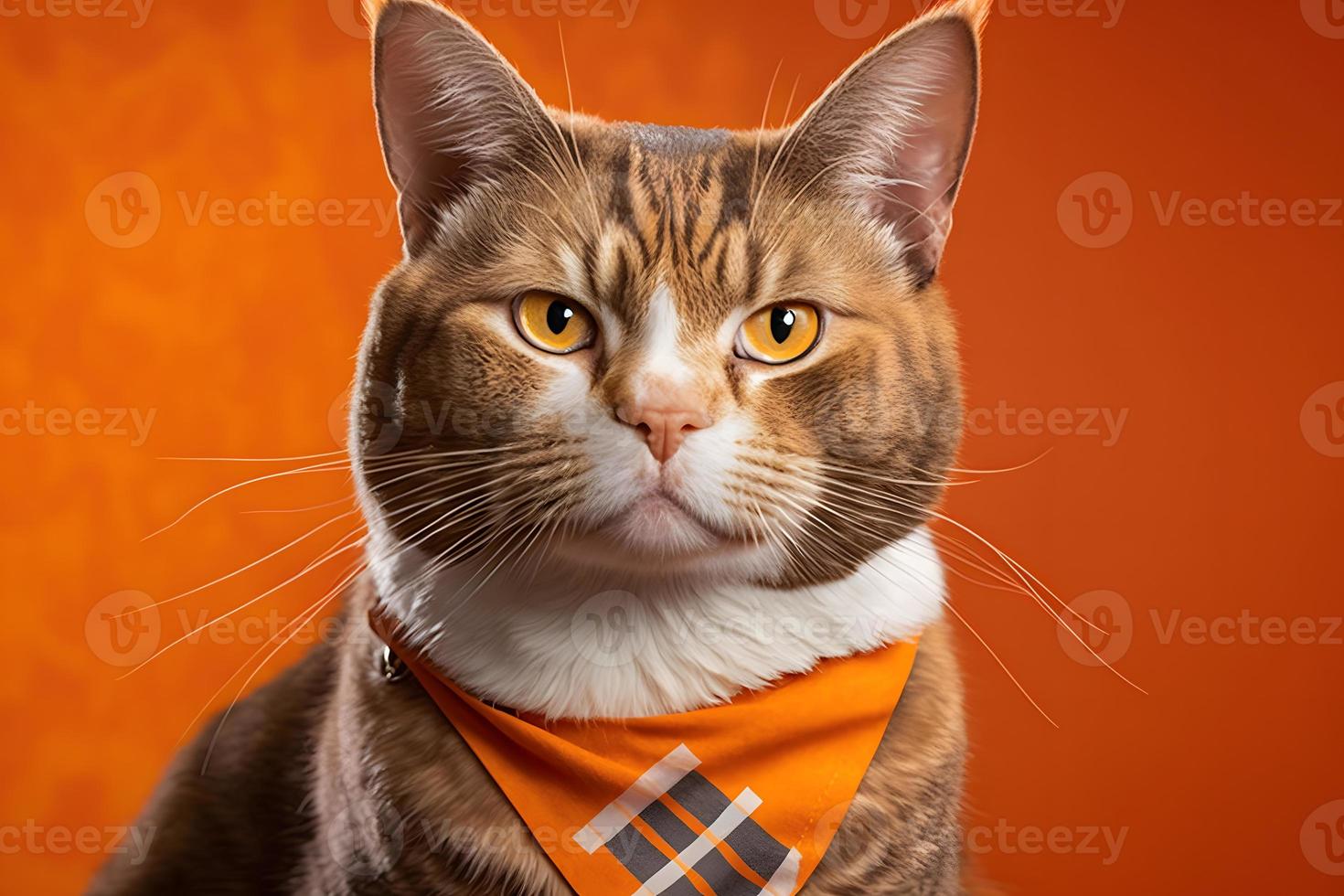 Portrait Portrait of a cat Scottish Straight with a banner in paws on a orange background photography photo
