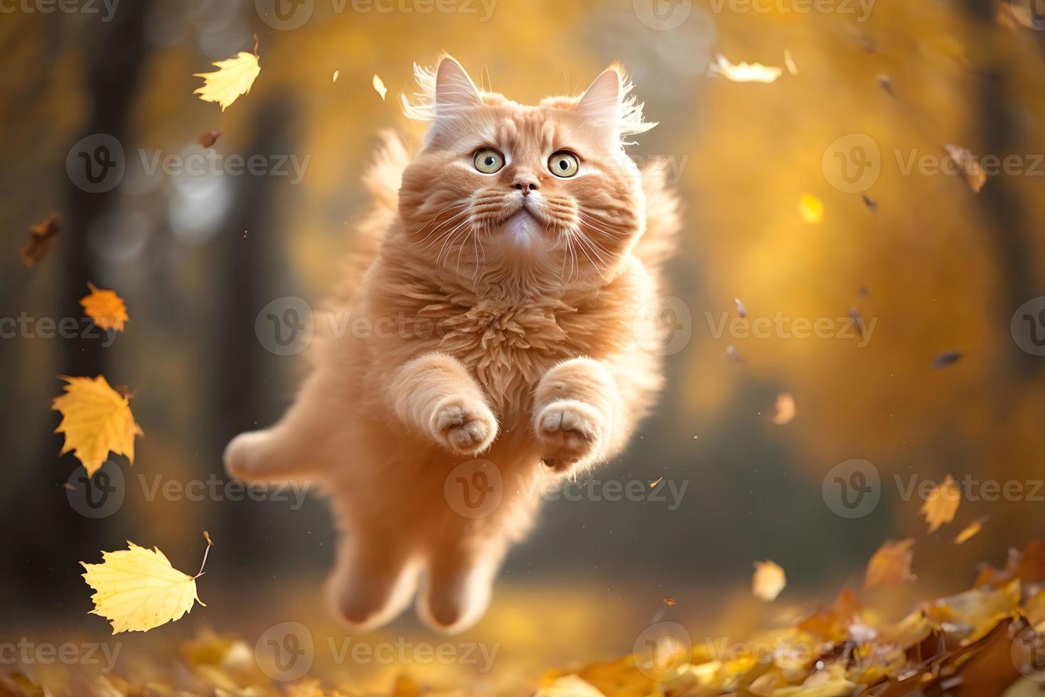 retrato gracioso rojo gato volador en el aire en otoño fotografía foto