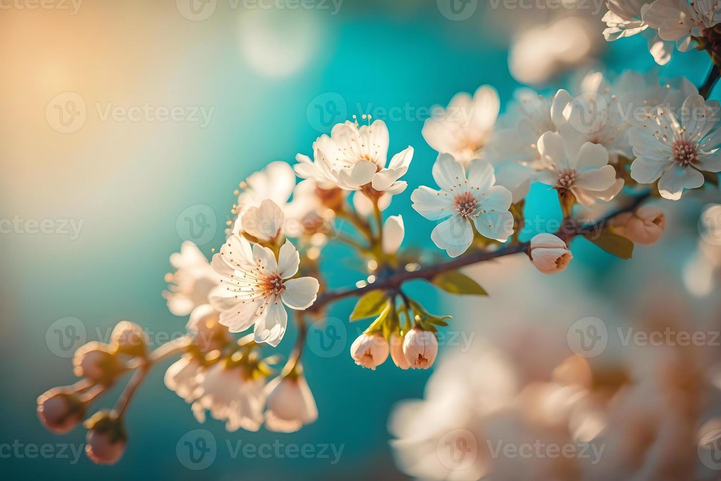 Photos Branches of blossoming cherry macro with soft focus on gentle light blue sky background in sunlight with copy space. Beautiful floral image of spring nature, photography