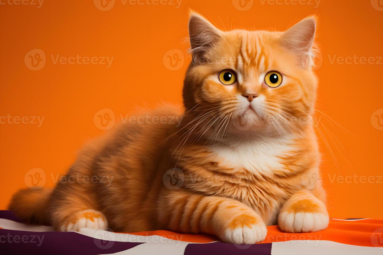 Portrait Portrait of a cat Scottish Straight with a banner in paws on a orange background photography photo