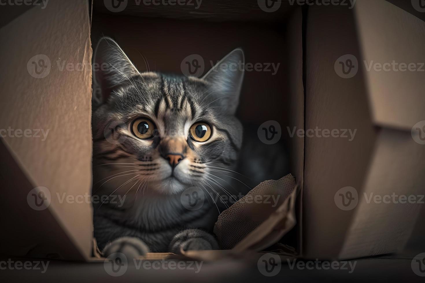 retrato linda gris atigrado gato en cartulina caja en piso a hogar fotografía foto