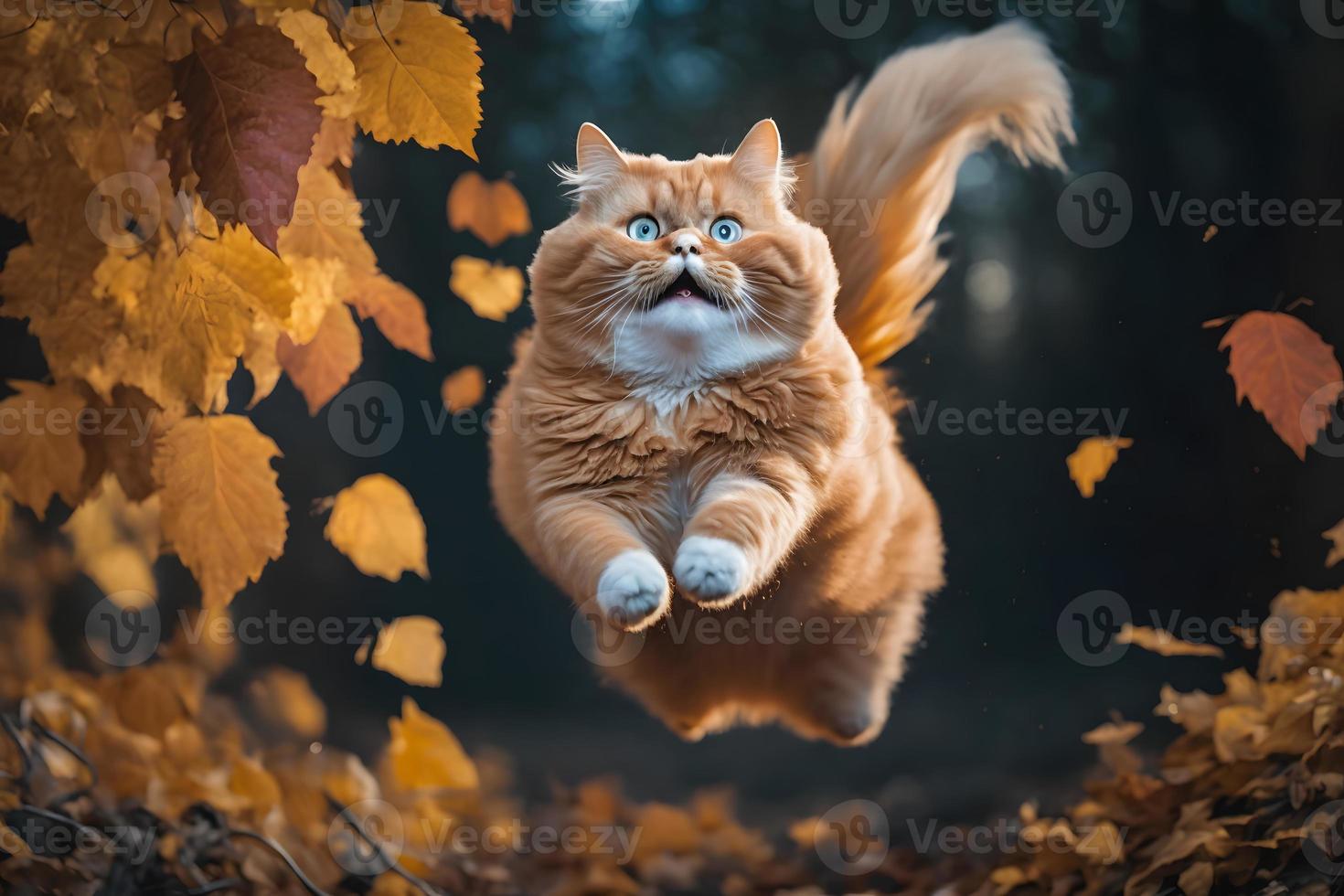 retrato gracioso rojo gato volador en el aire en otoño fotografía foto