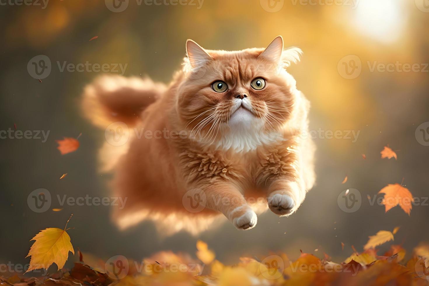 retrato gracioso rojo gato volador en el aire en otoño fotografía foto