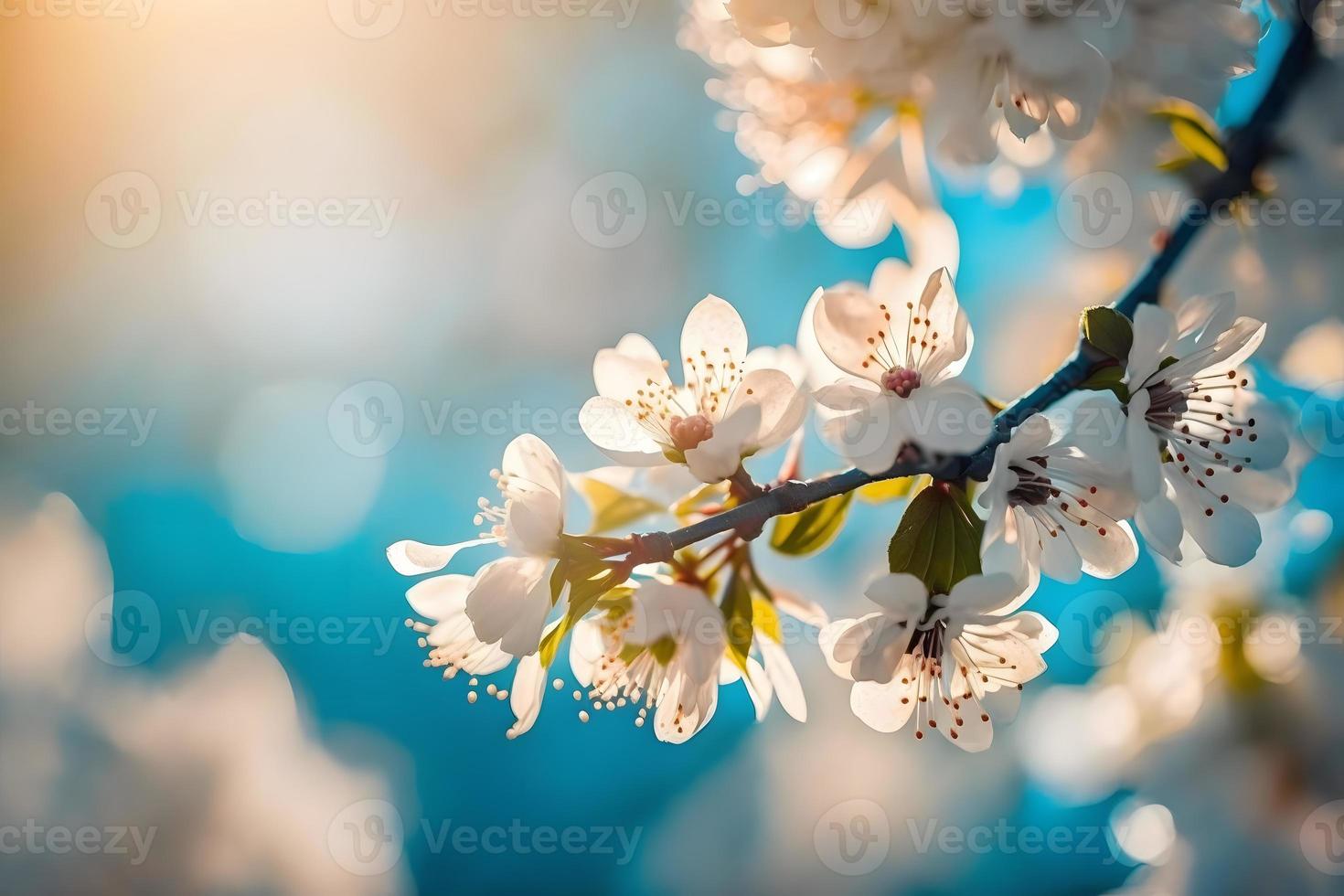 Photos Branches of blossoming cherry macro with soft focus on gentle light blue sky background in sunlight with copy space. Beautiful floral image of spring nature, photography