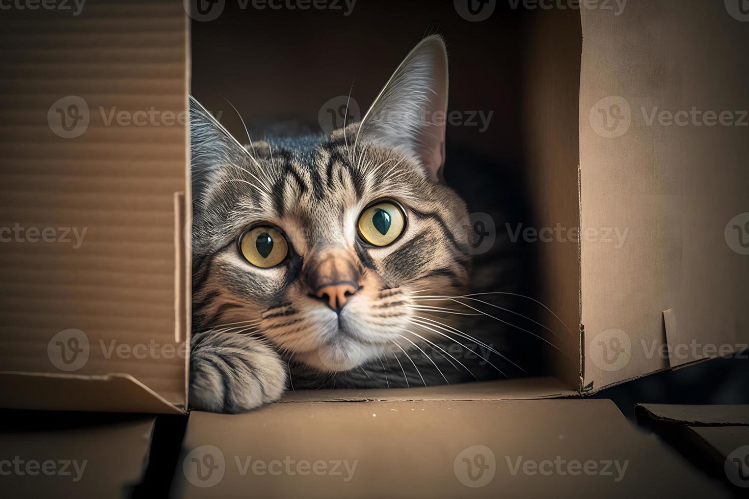 retrato linda gris atigrado gato en cartulina caja en piso a hogar fotografía foto