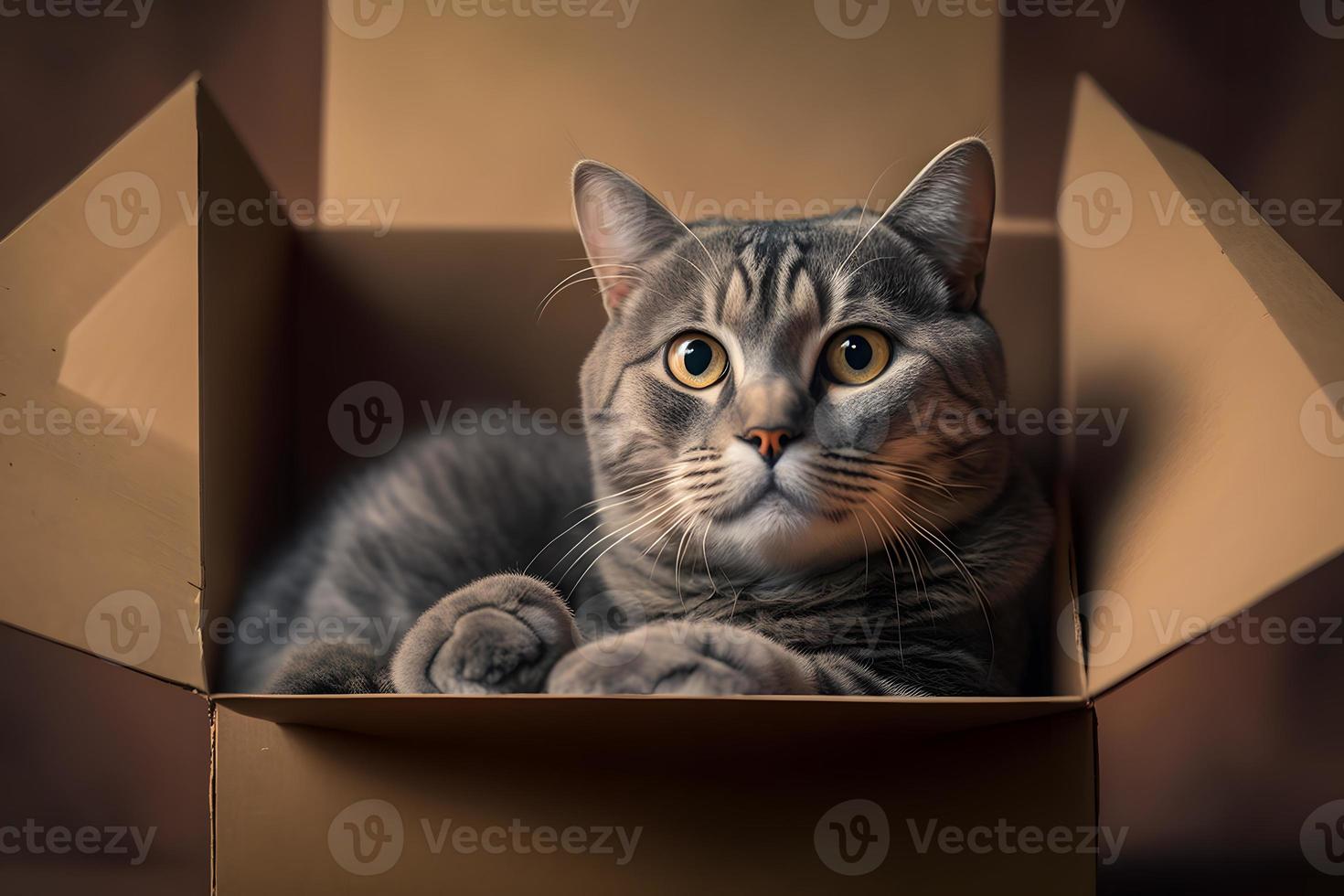 Portrait Cute grey tabby cat in cardboard box on floor at home photography 20383057 Stock Photo