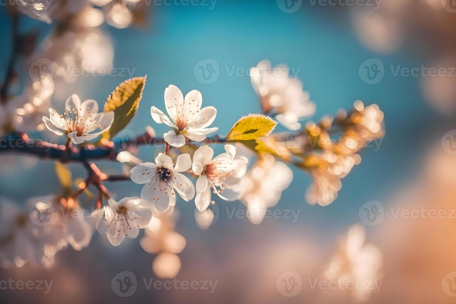 Photos Branches of blossoming cherry macro with soft focus on gentle light blue sky background in sunlight with copy space. Beautiful floral image of spring nature, photography