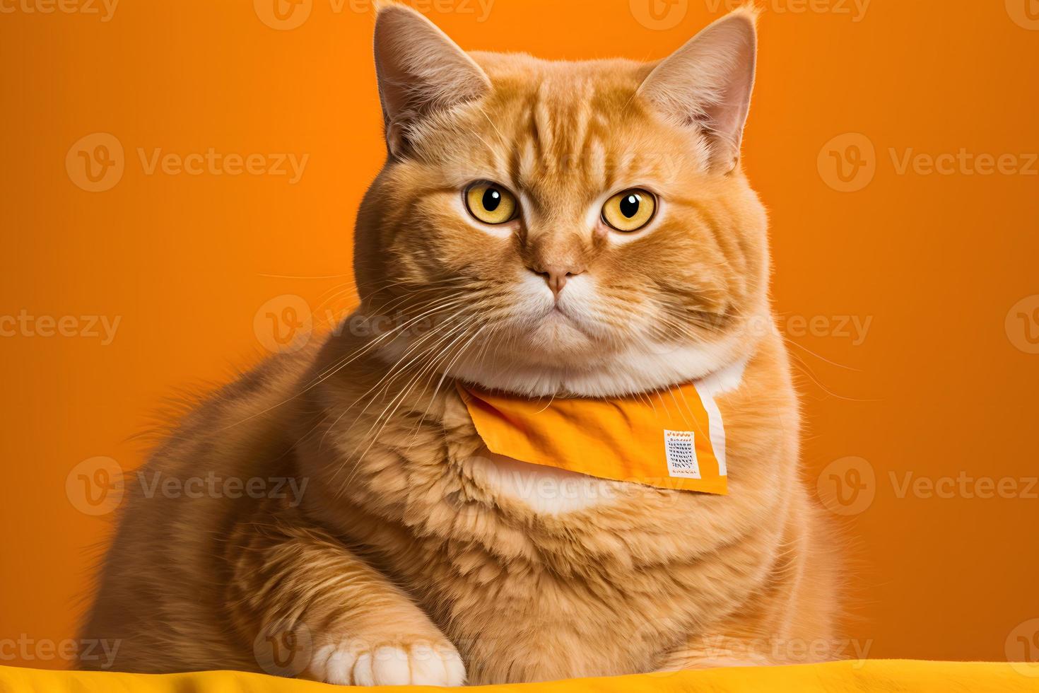 Portrait Portrait of a cat Scottish Straight with a banner in paws on a orange background photography photo