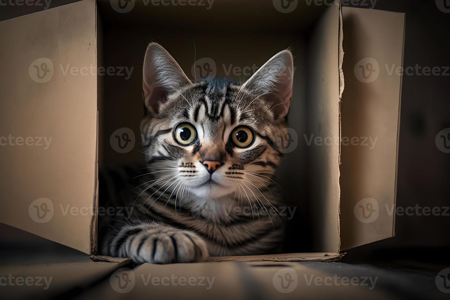 Portrait Cute grey tabby cat in cardboard box on floor at home photography photo