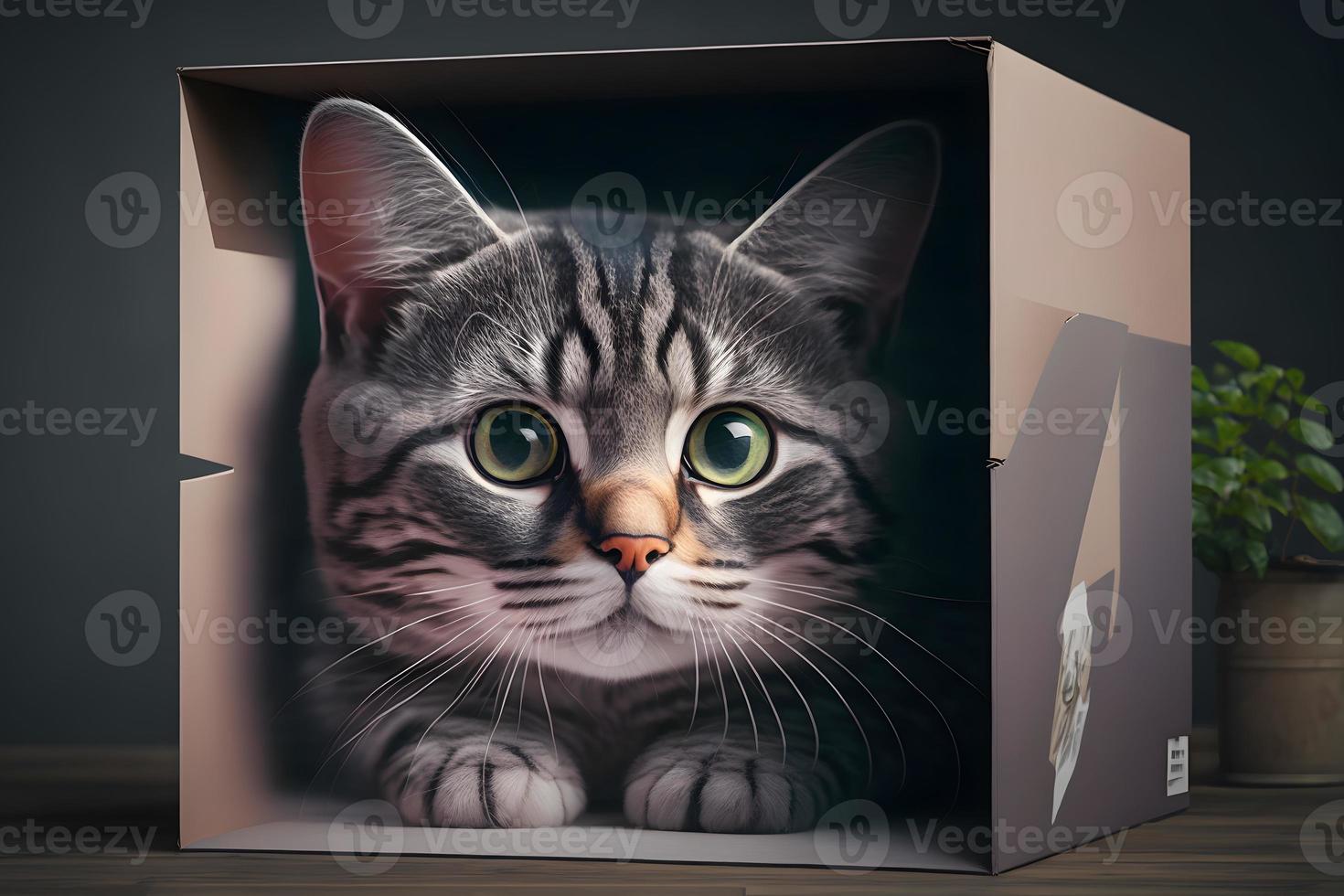 Portrait Cute grey tabby cat in cardboard box on floor at home photography photo