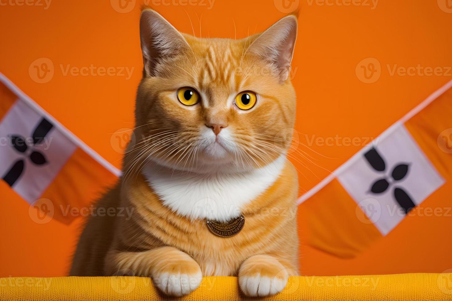 retrato retrato de un gato escocés Derecho con un bandera en patas en un naranja antecedentes fotografía foto